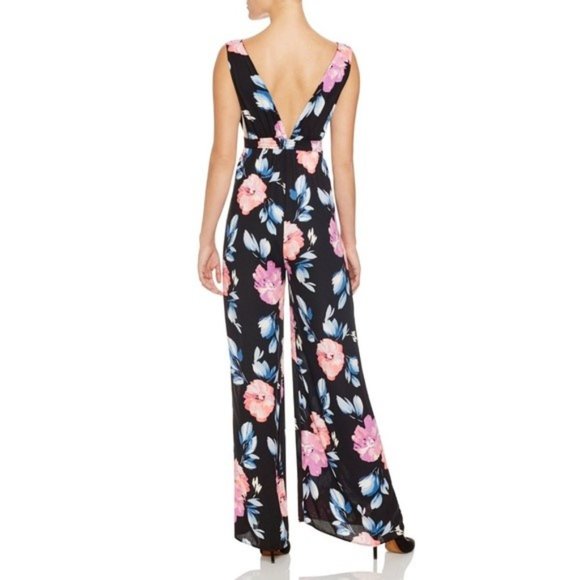 Aqua Black Neon Floral Deep V Sleeveless Wide Leg Jumpsuit - Picture 2 of 6